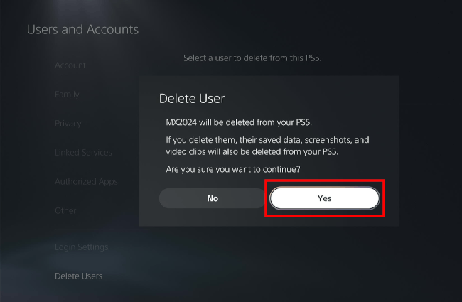 Confirm deleting user from PS5