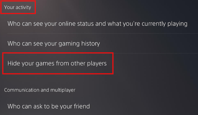 Hide games from other players on the PS5