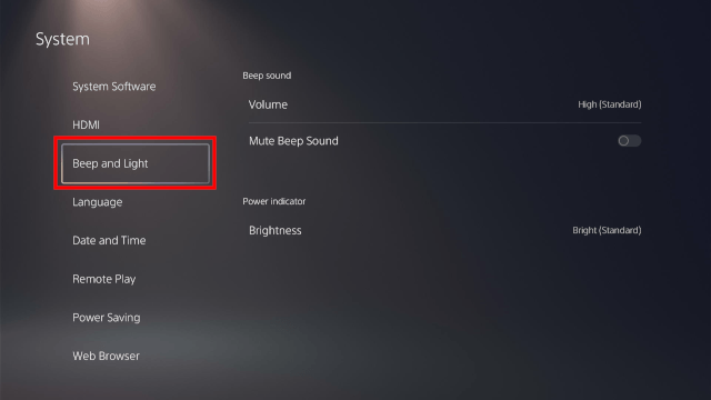 PS5 beep and light setting