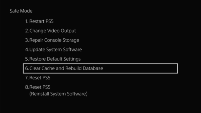 PS5 Clear Cache and Rebuild Database option