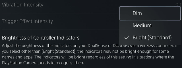 PS5 controller brightness of controller indicators setting