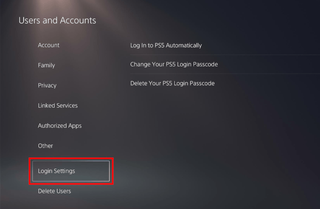 PS5 login settings