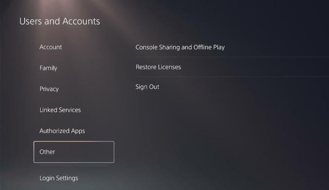 PS5 Other user and account settings