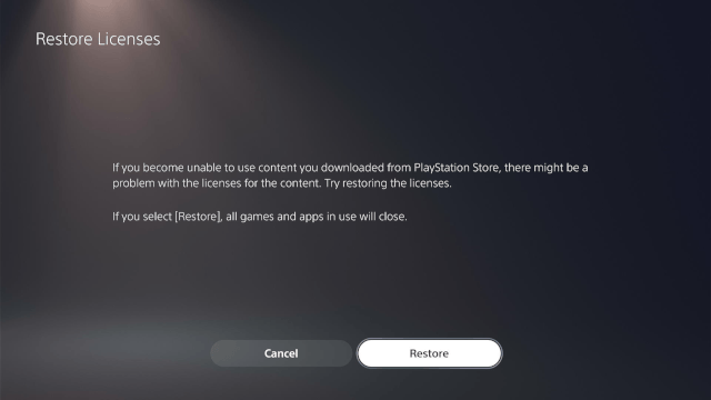 PS5 Restore licenses button