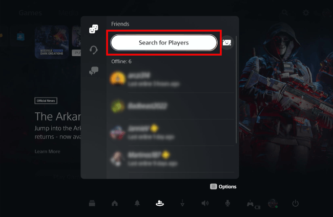 PS5 Search for players button