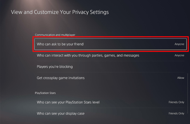 Who can ask to be your friend on the PS5