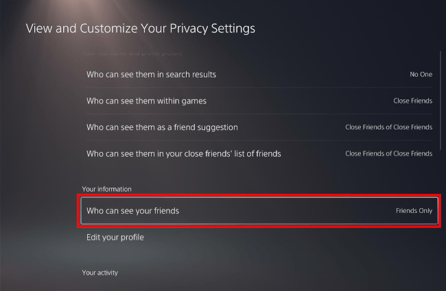 Who can see your friends setting on the PS5