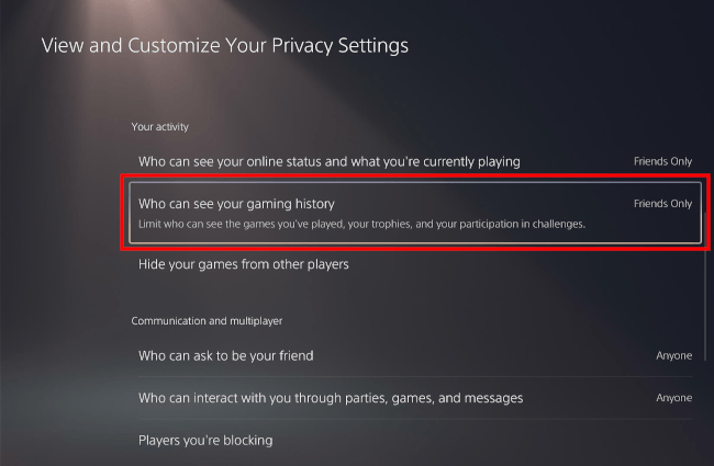 Who can see your gaming history setting on the PS5
