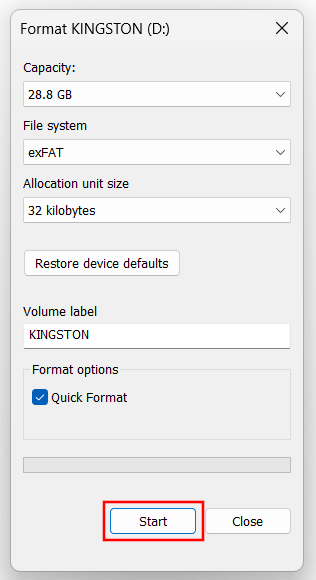 Windows format start button